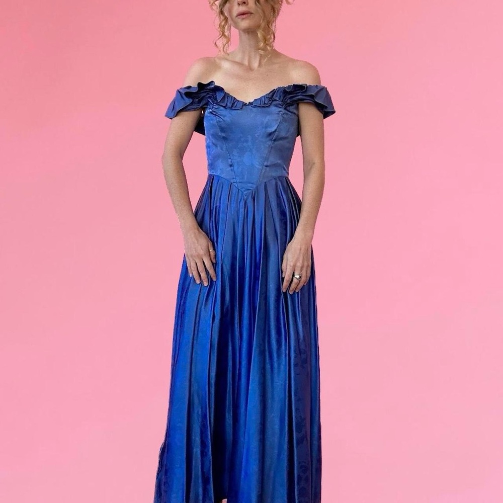 Vintage Blue Satin Off-Shoulder Gown